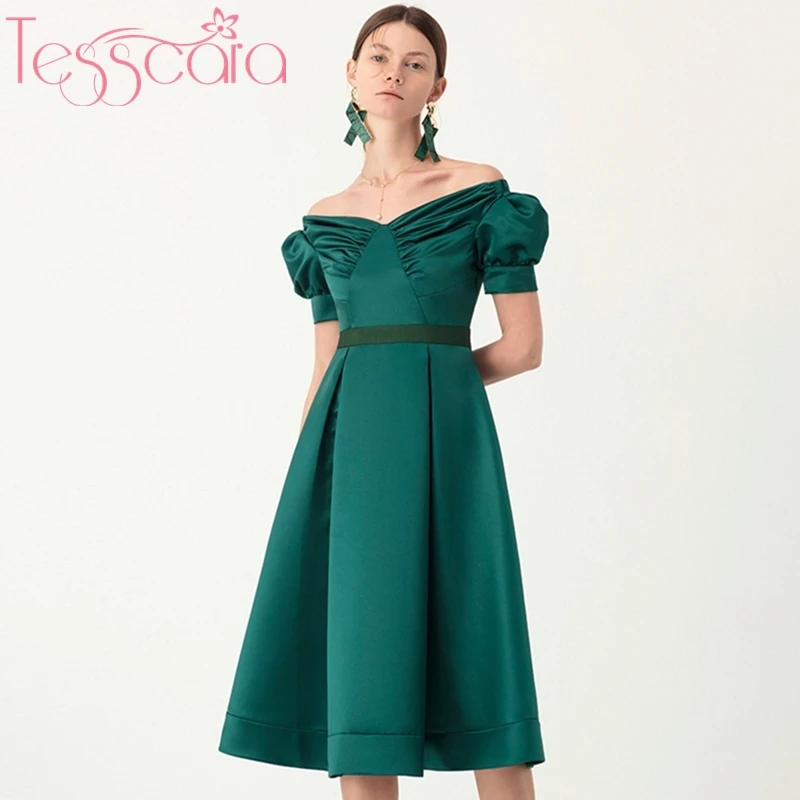 Женское атласное платье TESSCARA дизайнерское модельное зеленого цвета винтажный