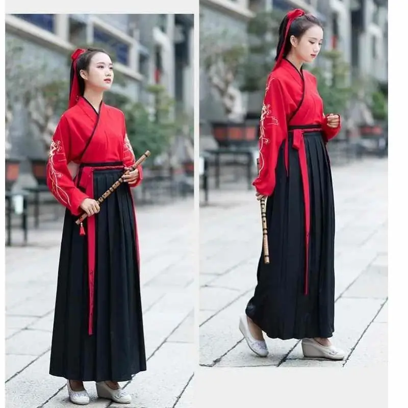 

Chinese Couple Black Red Hanfu Female Retro Traditional Embroidery Costume Men Tang Dynasty Classical Stage Clothes DQL2593