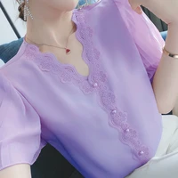 2022 new womens fashion chiffon shirt short sleeved v neck blouse small shirt season shirt lace stitching lotus leaf sleeves