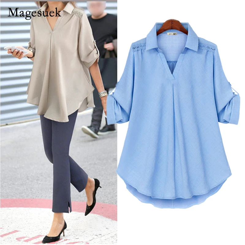 

Элегантная офисная Дамская рубашка, топ 2021, осенне-Весенние Новые однотонные рубашки для женщин, модные хлопковые Блузы с V-образным вырезом...