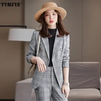 new autumn and winter professional wear temperament plaid ladies pants suit two piece work clothes high quality womens clothing