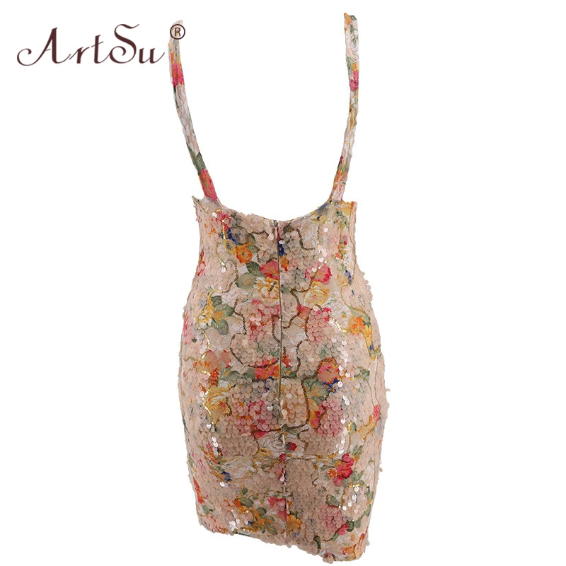 

ArtSu Sexy Cami Club Party Dress Women V-Neck Cut Out Floral Print Sequin Dress 2020 New Spring Summer Bodycon Backless Vestidos