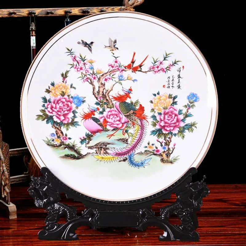 

Lucky Flying Phoenix Ceramic Ornamental Plate Chinese Decoration Plate Wood Base Porcelain Plate Set Wedding Gift