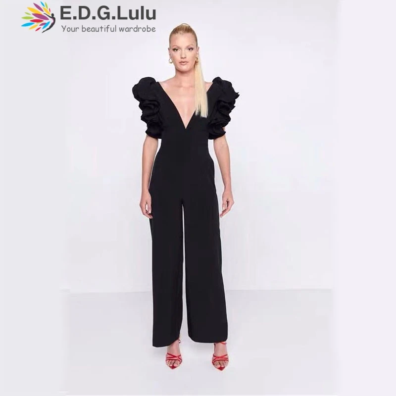 Женские комбинезоны EDGLuLu 2019 черные с глубоким v-образным вырезом женский