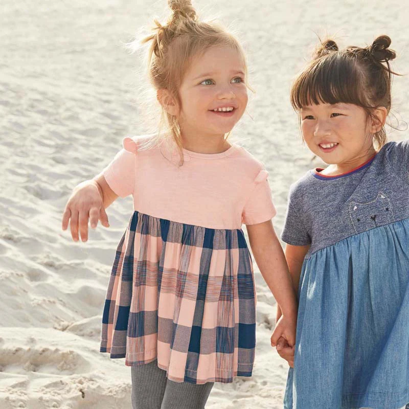 

Summer New Girls Stitching Dress Children Short-Sleeve Cute Plaid Dresses WT161