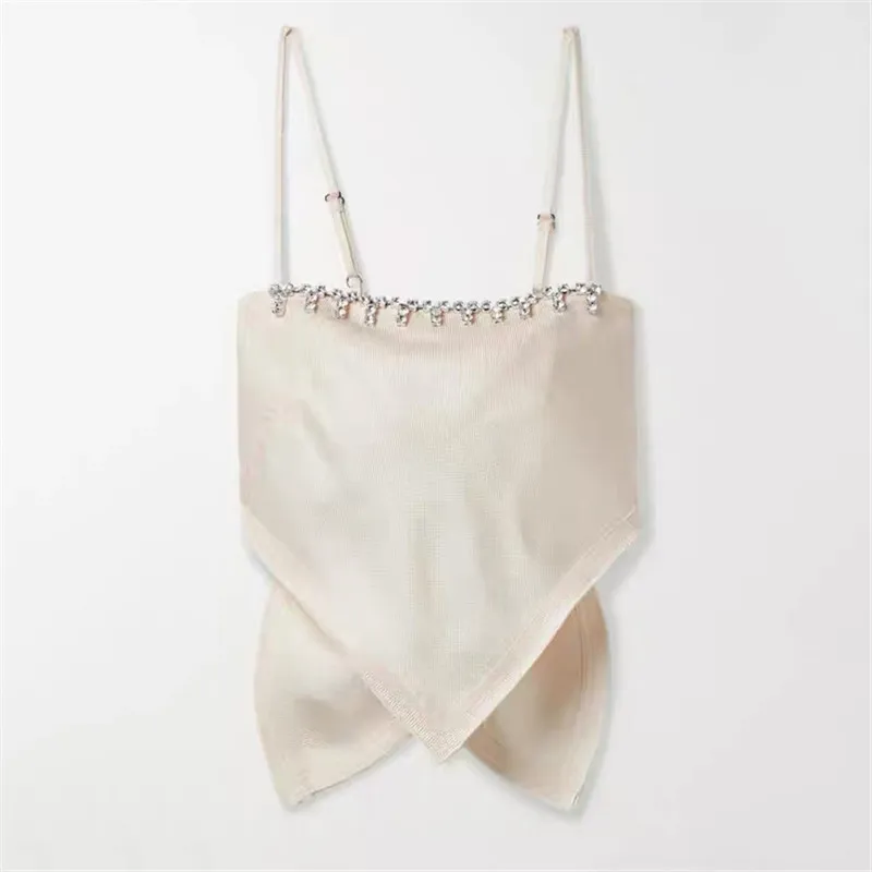 2021NEW Back tie short camisole with irregular square neckline, hand-studded with diamonds Belly-style camisole women's top