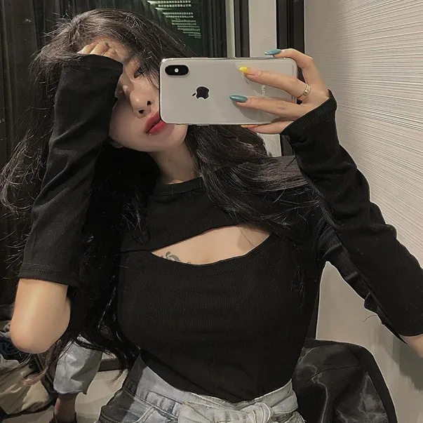 Осенняя мода для офисных леди ребристые хлопковые тонкие Топы женщин уличные