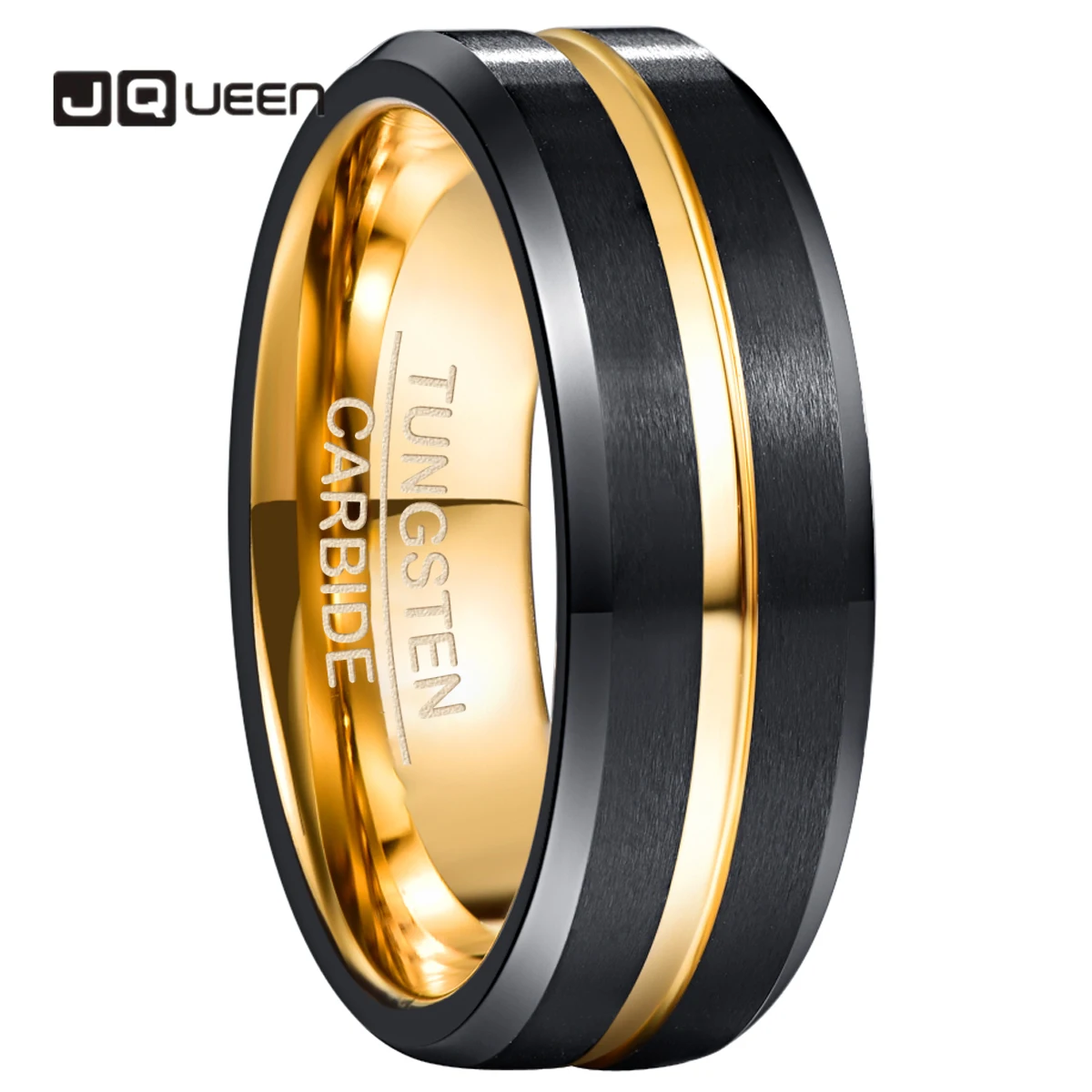 

JQUEEN 8mm Electroplated Black + Gold Frosted Surface Tungsten Steel Ring 100% Genuine Wedding Band Tungsten Carbide