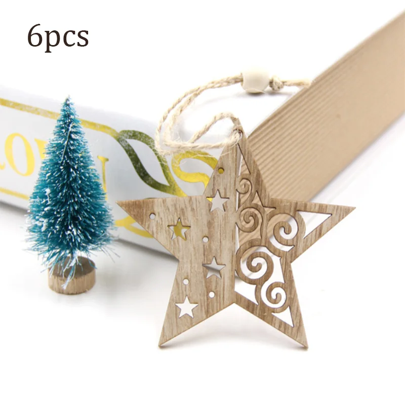 6pcs Stars 6 шт. полые снежинки животные рождественские деревянные висячие украшения для рождественской елки подвески вечерние украшения рождественские поделки - Окраска металла: 6pcs Stars