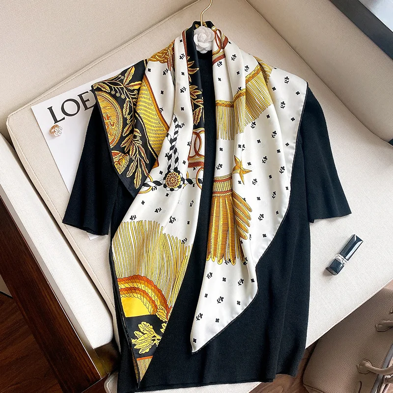 

Women Hand-printed Chain Square Silk Scarves Foulard Head Scarf Ladies Wrap Muffler Pareo Bandanna Female Hijab Poncho beach