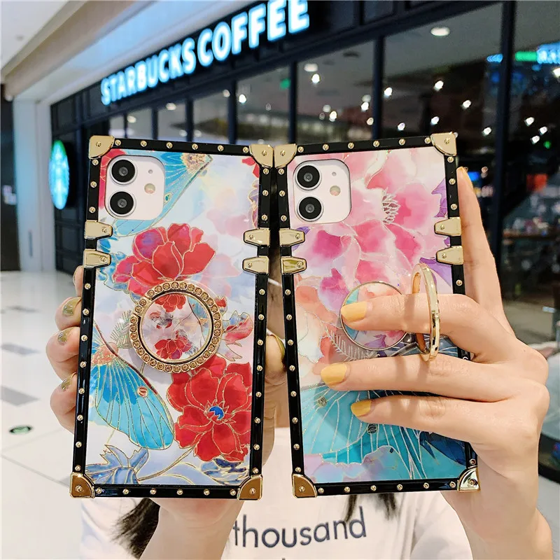 

Luxury Square Flower Glitter Diamond Ring Soft Case For Huawei P30 P40 Lite P20 Pro P Smart Z Mate 20 30 40 Y9 Prime Y7A Cover