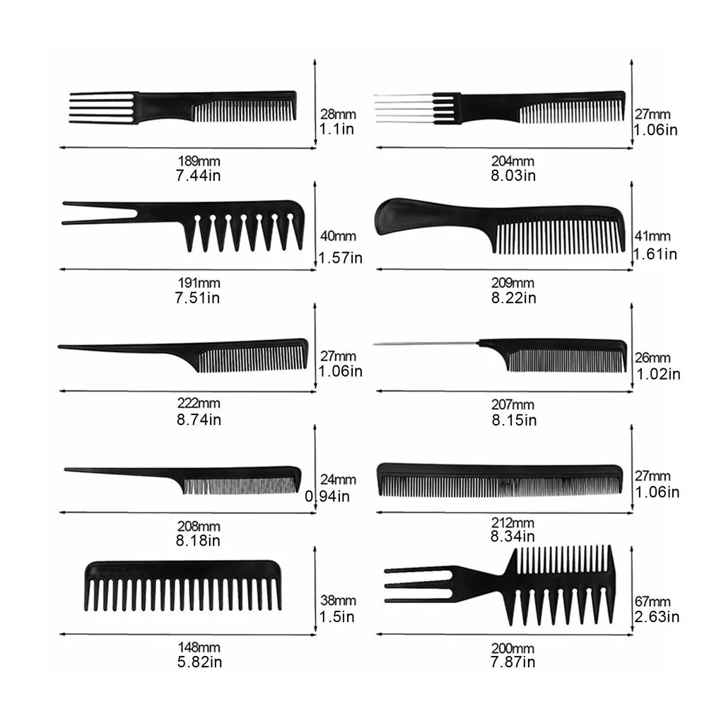 

10pcs Black Hair Salon Hair Comb Suit Beauty Tools Plastic Hairbrush Generic Barber Shop Durable Hair Comb