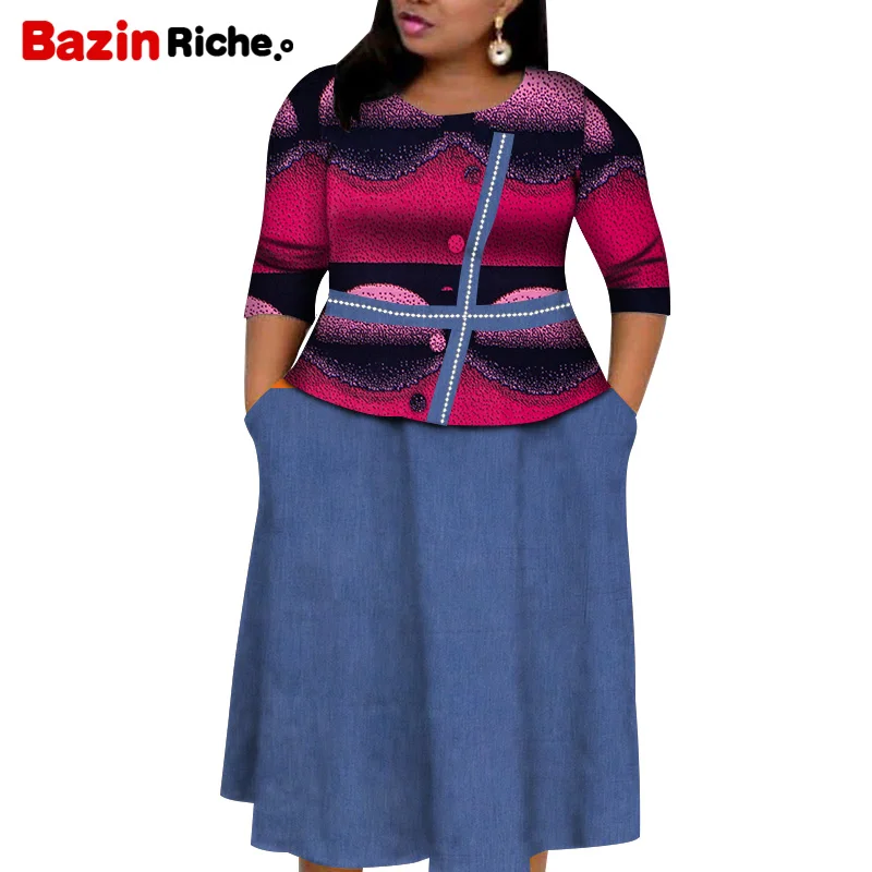 

Summer Two Pcs African Skirt Sets for Women 3/4 SleeveTop with Buttons Pearls Cover Knee Maxi Dress Two Pockets WY8856