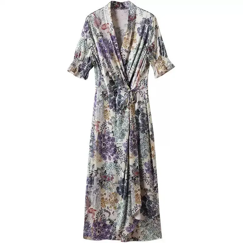 

Satin Silk Dress Summer 2021 New French Retro Printing Slim Mulberry Silk Mid Length Buttock Dress