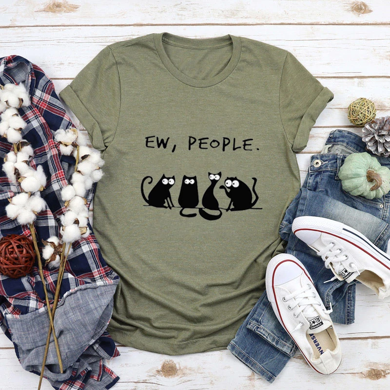 

Ew People Cute Cats Print Summer Women Tshirt Hipster Harajuku Graphic Tee Plus Size 100% Cotton Women Tops Loose Shirt