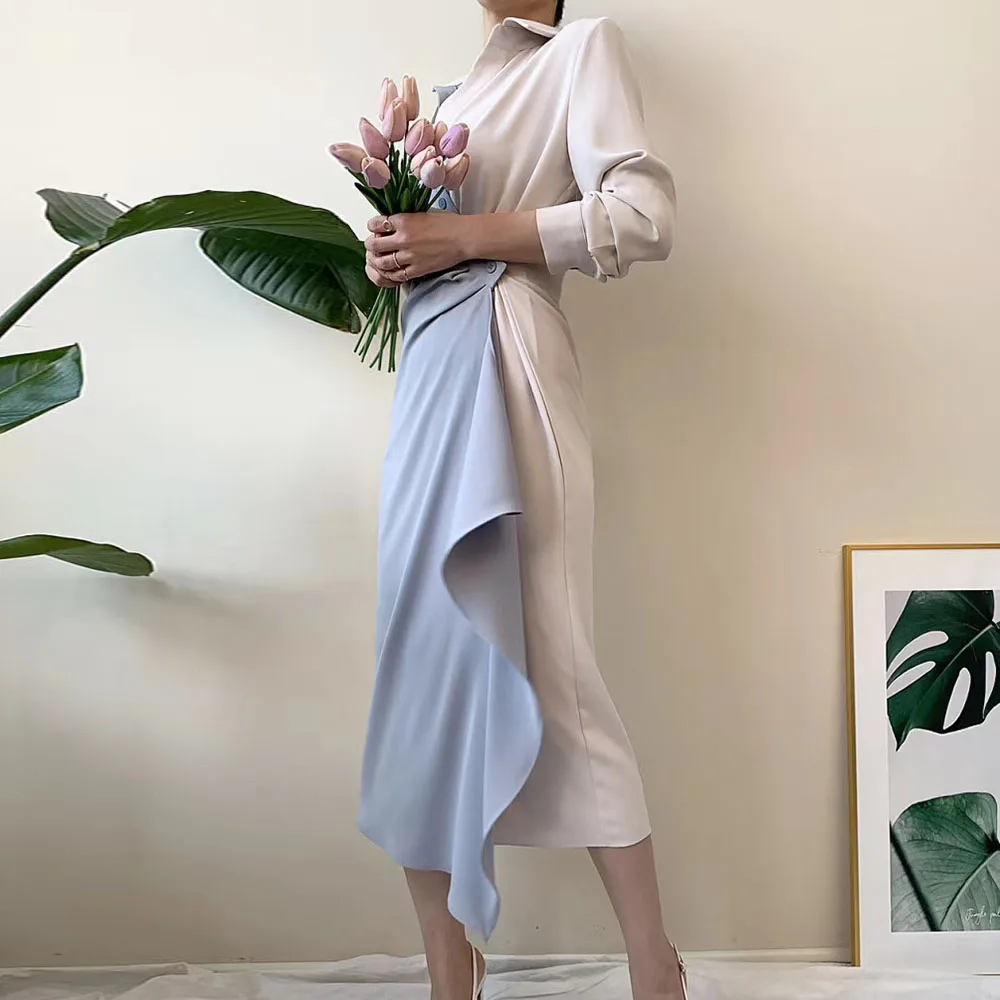 Женское асимметричное платье рубашка офисное контрастных цветов с рюшами