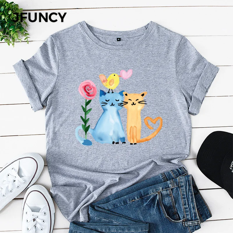 JFUNCY 100% хлопок женская футболка с принтом счастливые кошки летние женские