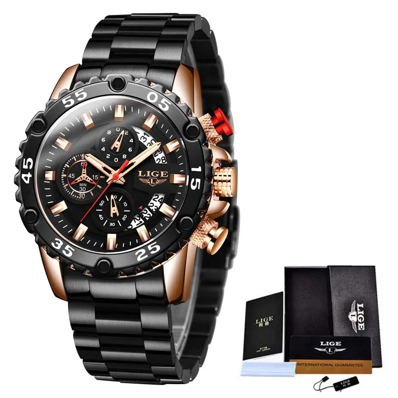 

LIGE New 2020 Fashion Mens Watches with Stainless Steel Top Brand Luxury Sport Chronograph Quartz Watch Men Relogio Masculino