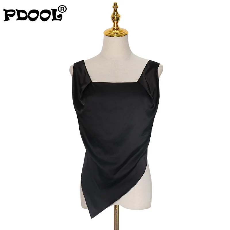 

Asymmetrical Slim Vest For Women Square Collar Sleeveless Ruched Sexy Casual Vests Female Fashion New Clothing 2021