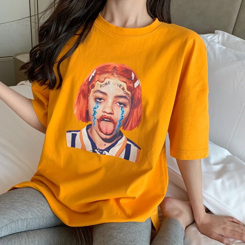 

Summer New Fashion Bottoms Missing Face Pattern Printed Loose Mid-length Short Sleeve T-Shirt Women's Top