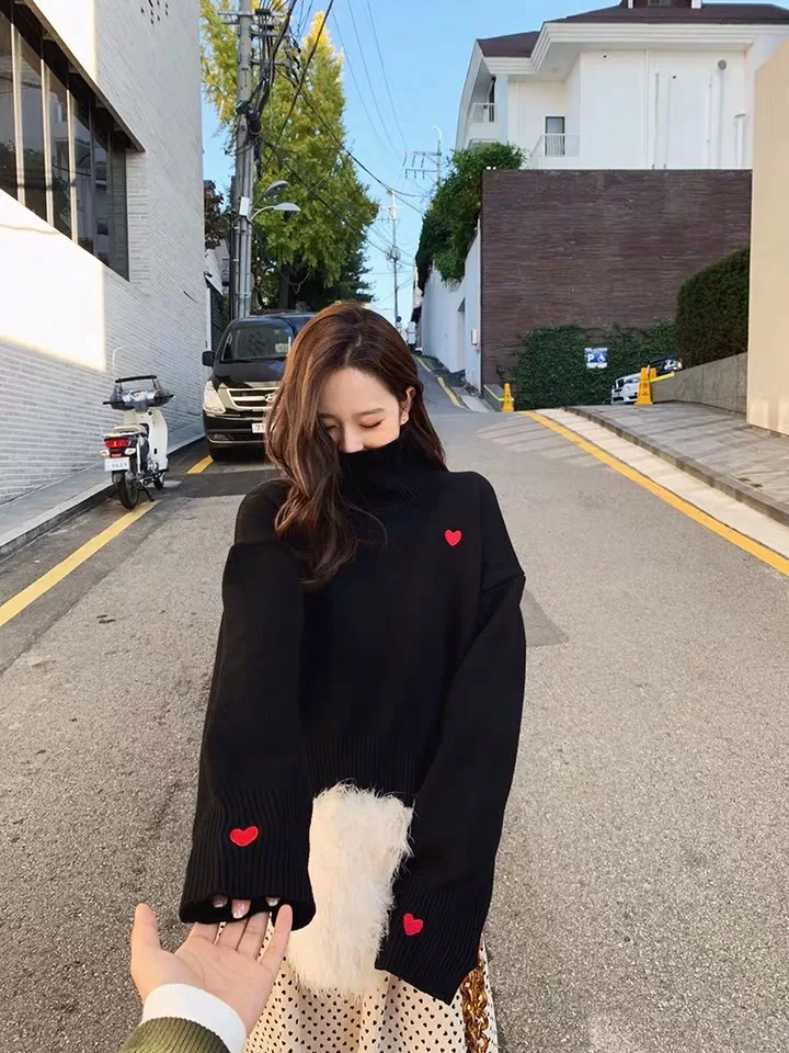 

Autumn and Winter Low-key Little Love Knitted Sweater Turtleneck Bat Korean Ladies Jacket Cute Fashion Casual Warm Clothing