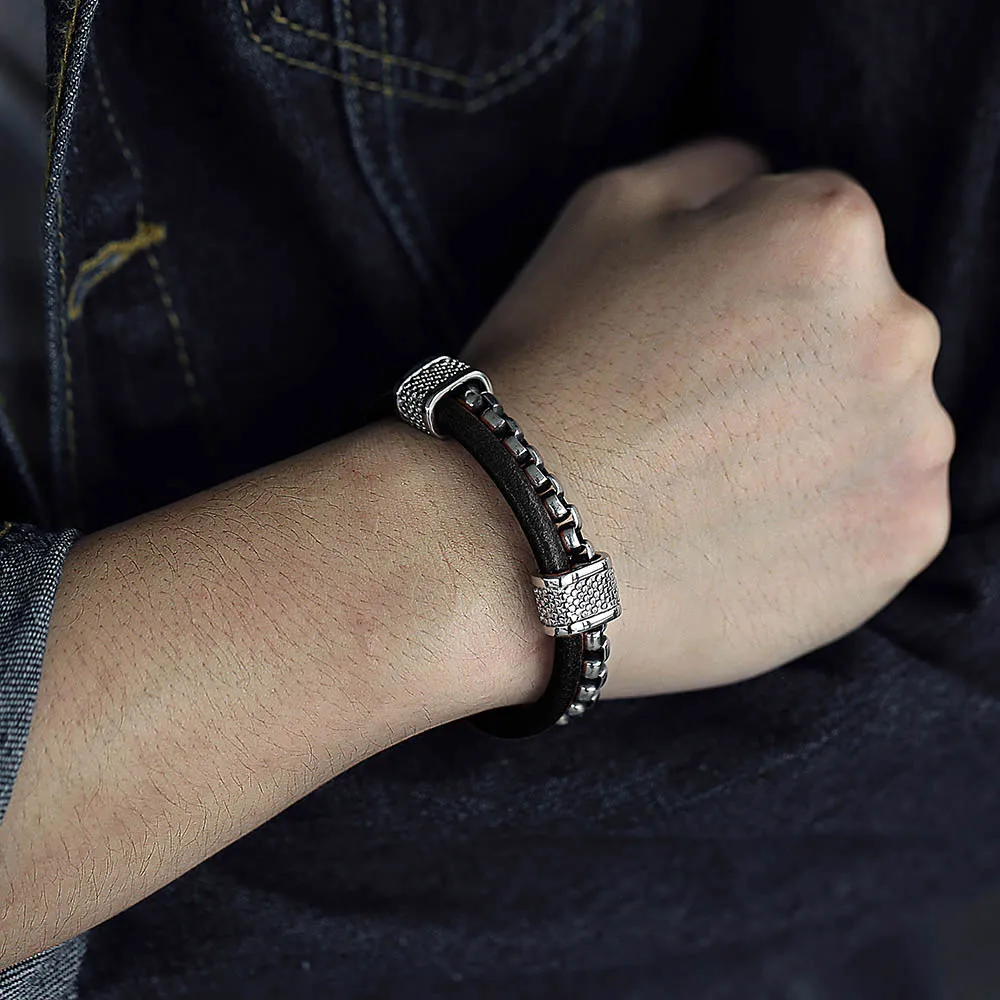 Мужской кожаный браслет Trendsmax черный из нержавеющей стали многослойная цепочка