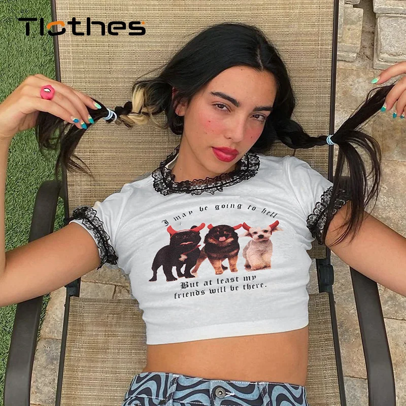 

Футболка женская с принтом собаки, пикантная облегающая кружевная рубашка с коротким рукавом, уличная одежда в стиле Харадзюку, кроп-топ дл...