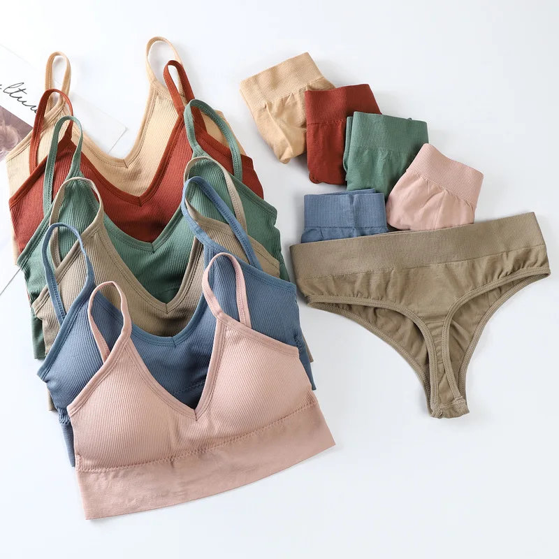 

Women Sexy Bra Panties Set Cotton Backless French Lingerie Set Seamless Crop Top Sports Bralette Mid-Rise Small Chest Underwear