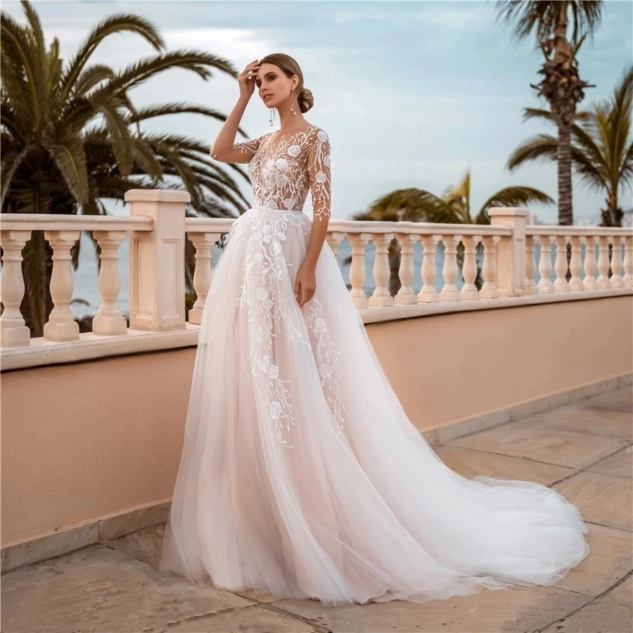 

Ivory Illusion Wedding Dresses Half Sleeves Floral Lace Applique Tulle Long Princess Bridal Dress Bride Gowns Transparent