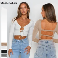 onelinefox womens long sleeve solid print backless hollow out tie up slim fit crop top prairie chic deep v neck t shirt