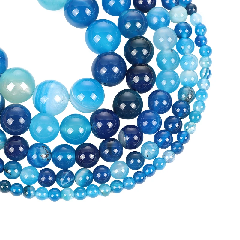 15 &quotнитка из натурального камня бисер Гладкий синий в полоску Агаты круглые