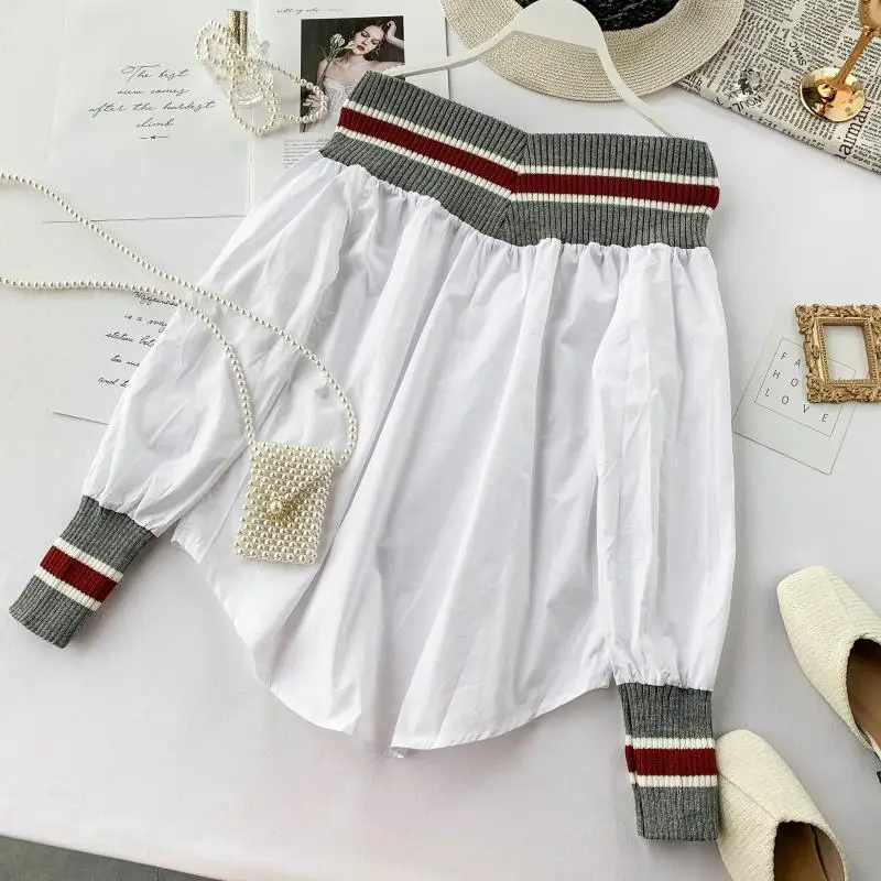 Женская хлопковая рубашка в полоску с рукавами-фонариками |