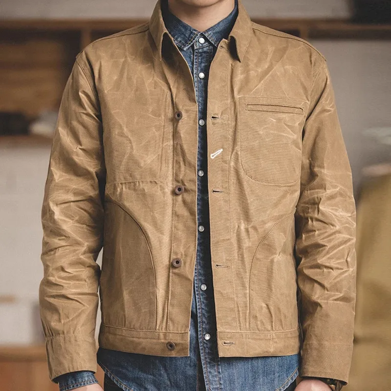 

Retro Khaki Jacket Male Size M To XXL Waxed Canvas Cotton Jackets Uniform Light Casual Work Coats Man Clothing