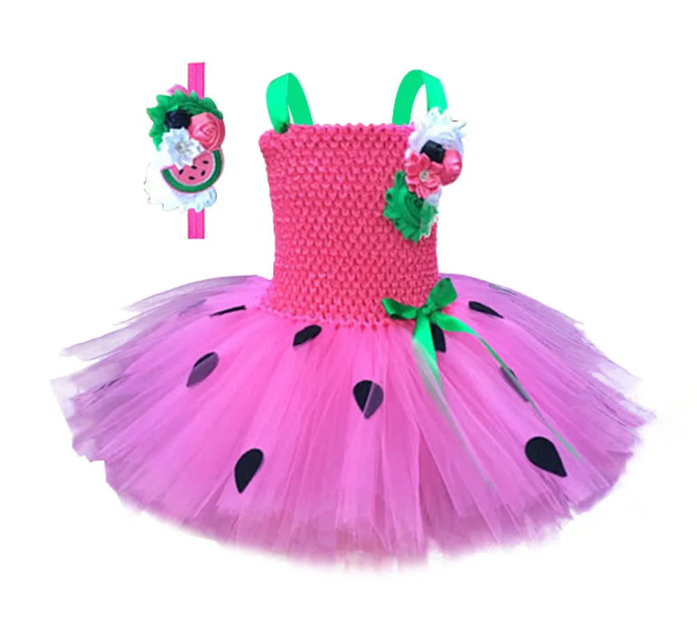 

2020 Watermelon Girl Tutu Dress With Headband Summer Toddlers Red Green Black Dot Fruit Role Play Costume For Halloween Birthday