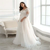 robe de mariee plus size sheer quarter sleeves wedding dress lace appliques buttons back custom tulle bridal gowns 2021 modest
