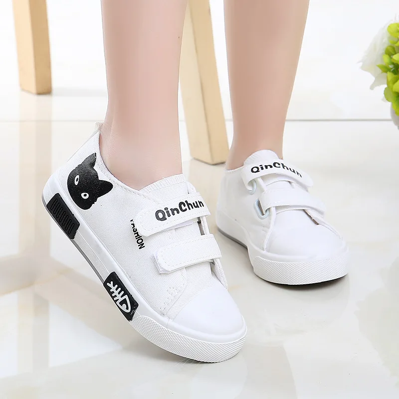 

Toddler Girl White Children's School Shoes Sneakers Canvas Shoes Sport Baby Girl Kids Kitten Fish Bone Velcro Canvas Tennis