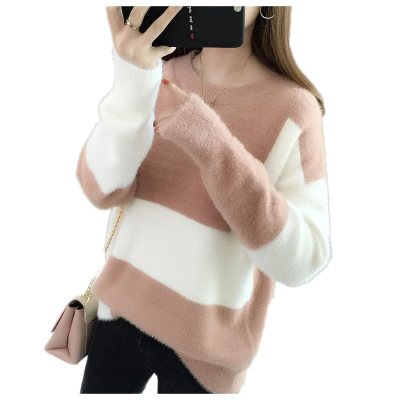 

Knitted Basic Sweater Pullover O Neck Patchwork Long Sleeves Women Autumn Winter Fashion Casual Warm Soft Tops