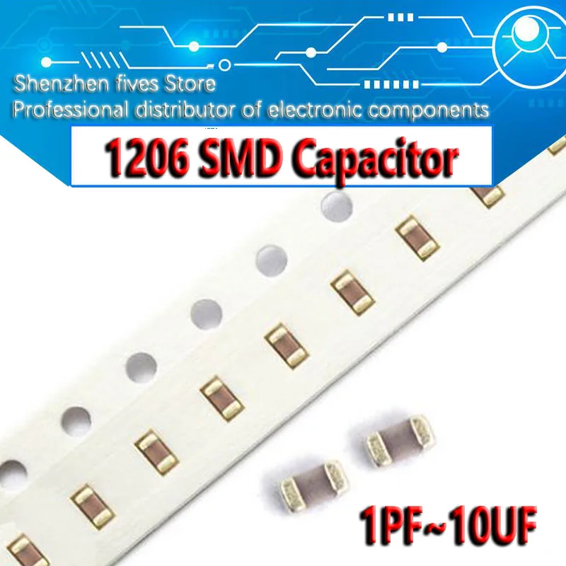 

100 шт., многослойный керамический конденсатор 1206 50 в SMD с толстой пленкой, 1pF- 22 мкФ 10NF 100NF 1 мкФ 2,2 мкФ 4,7 мкФ 10 мкФ 22PF