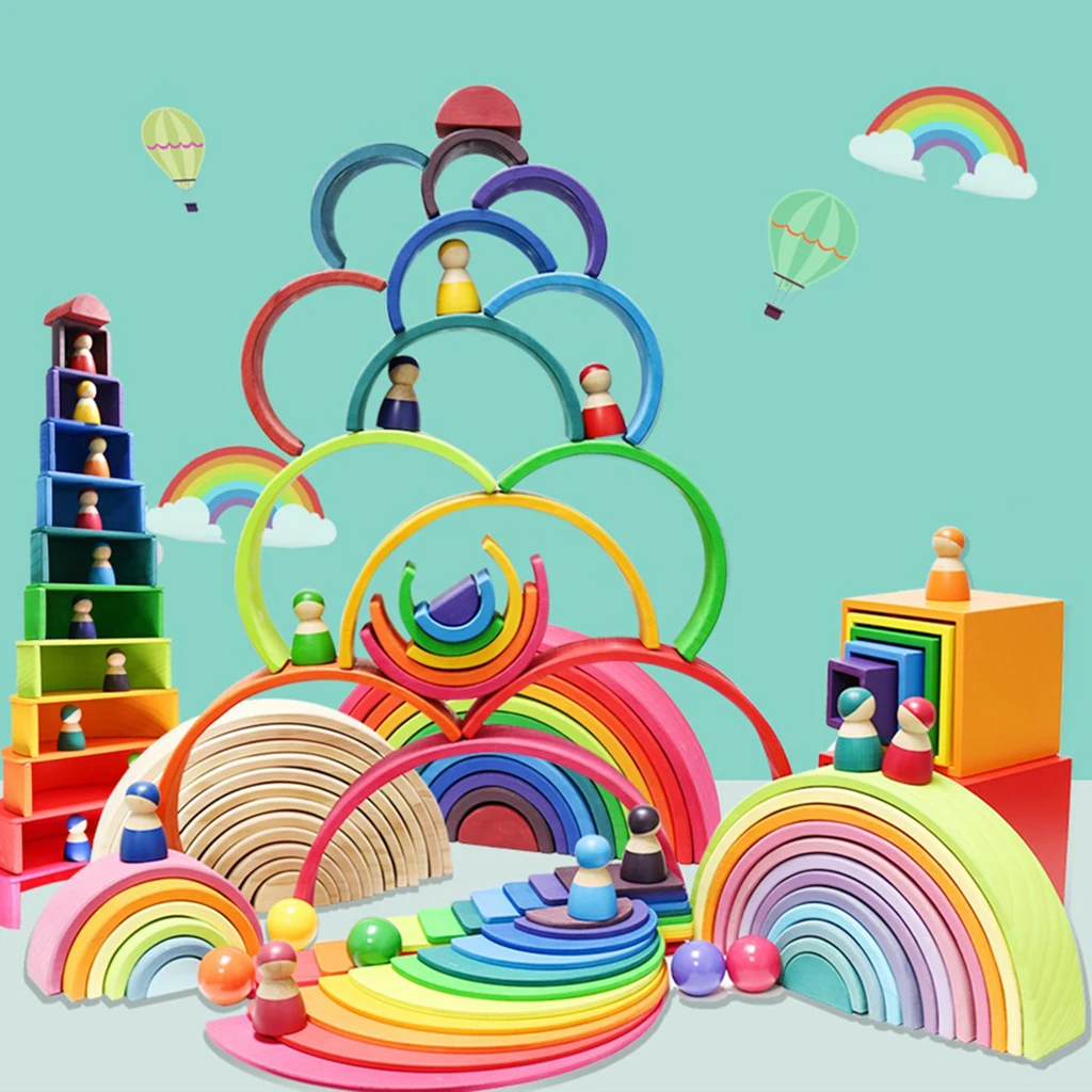 

Wooden Rainbow Building Blocks Boards Set Gifts for Kids Boy Girls Creative Nesting Game Early Learning Toy