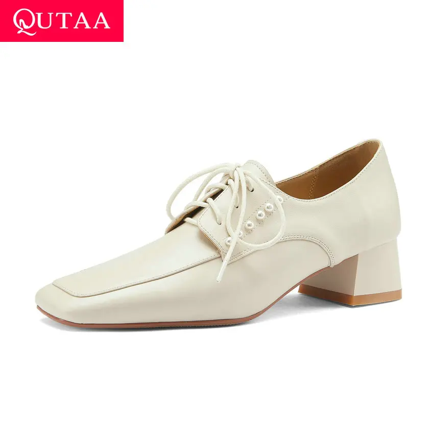 

QUTAA/2021 г. Весенне-осенняя классическая женская обувь с квадратным носком Универсальные женские туфли-лодочки из натуральной кожи на квадрат...