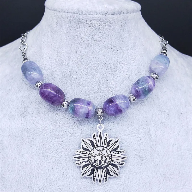 

Sun Flower Fluorite Necklaces Crystal Stainless Steel Necklace Women Suspension Natural Gem Stone Choker Necklace Jewelry NXS04