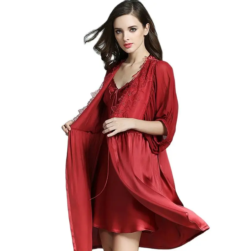 100% Шелковый женский спальный халат ночная рубашка комплект из двух предметов