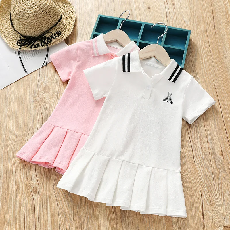

Baby Girl Lapel Rabbit Embroidery Tennis Dress Summer Child Pleated Kids Short-Sleeve Shirt Toddler Clothes