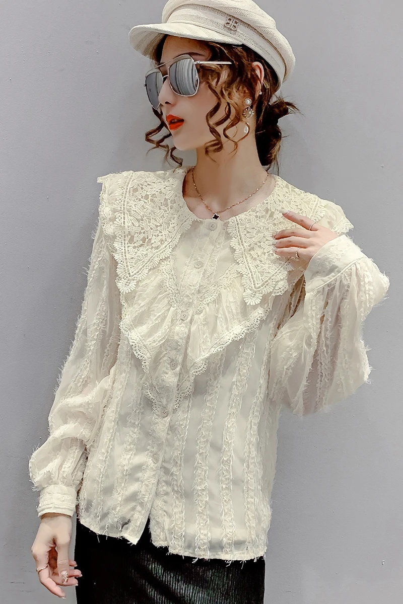 

COIGARSAM Lace blouse women Spring blusas womens tops and blouses Apricot White 116