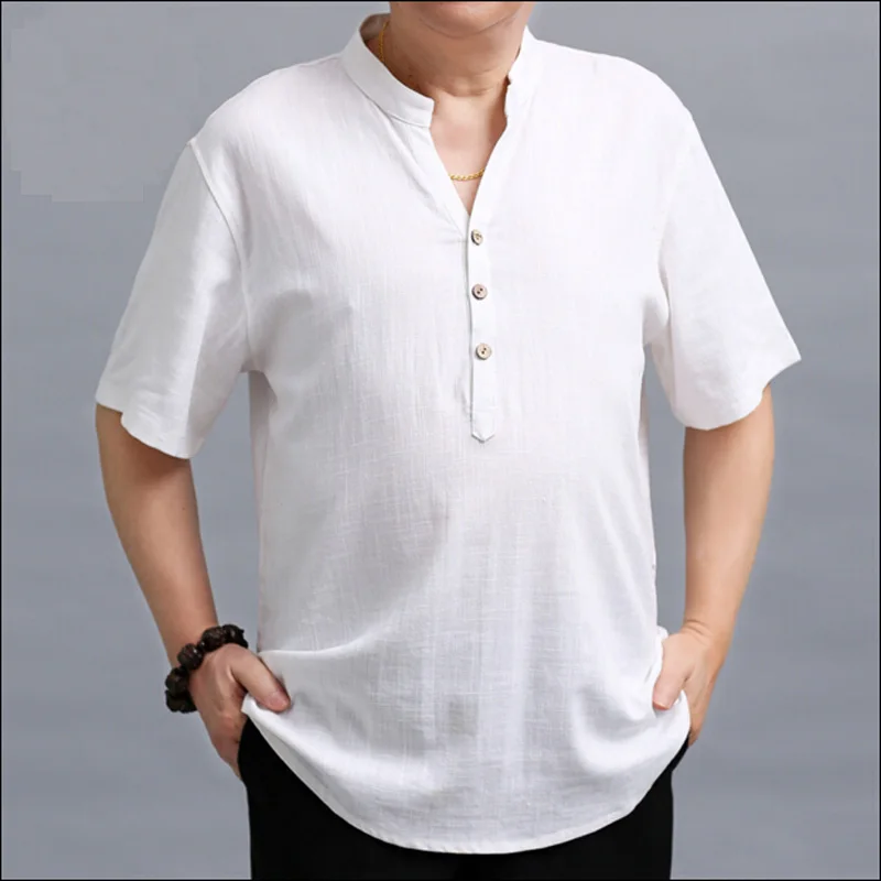 

Large Size Man Summer Short Sleeve Loose Linen T shirt Fashion V Collar Thin Linen Breathable Shirt Big Size M-4XL