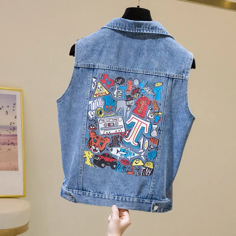 

Korean Women Fashion Cute Cartoon Print Oversize Jeans Vest Street Casual Sleeveless Top Student Waistcoat Plus Denim Jacket 5XL