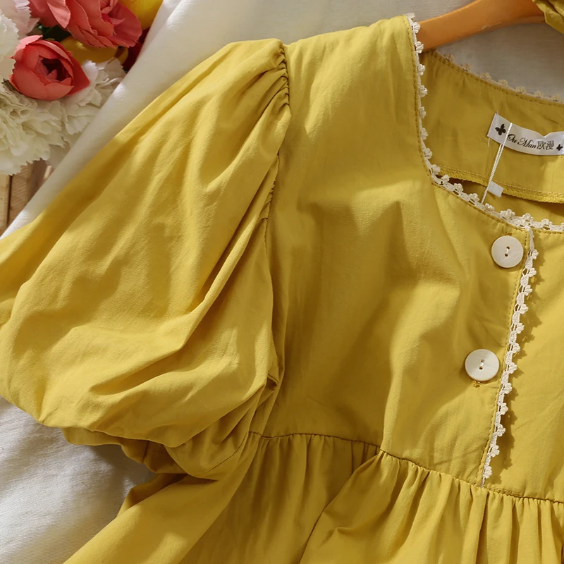 

Korean Style Square Collar Lace Shirt Solid Color Female Puff Sleeve Doll Shirt Elegant Female Casual Blouses