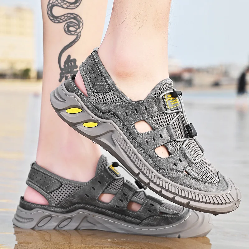 Сандалии мужские из натуральной кожи пляжная обувь повседневные шлепанцы тапки