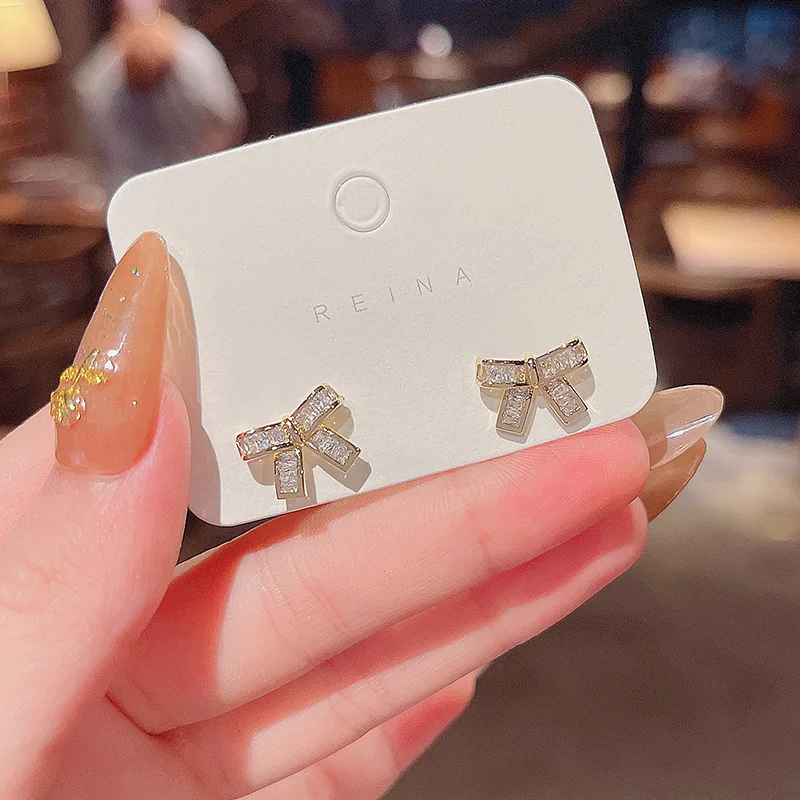 

925 Silvers Korean New Shiny Inlaid Zircon Bow Dangle Earrings Women's Fashion Bohemian Jewelry Drop Shipping