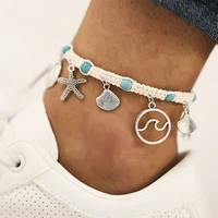 bohemian silver color shell starfish pendant anklets vintage handmade braided rope wave anklet for woman summer beach jewelry